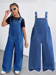 European Style Girls' Denim Overalls, High Street Cool Trend Loose Fit Wide Leg Jumpsuit, Middle School Casual Long Pants, All-Season Wear