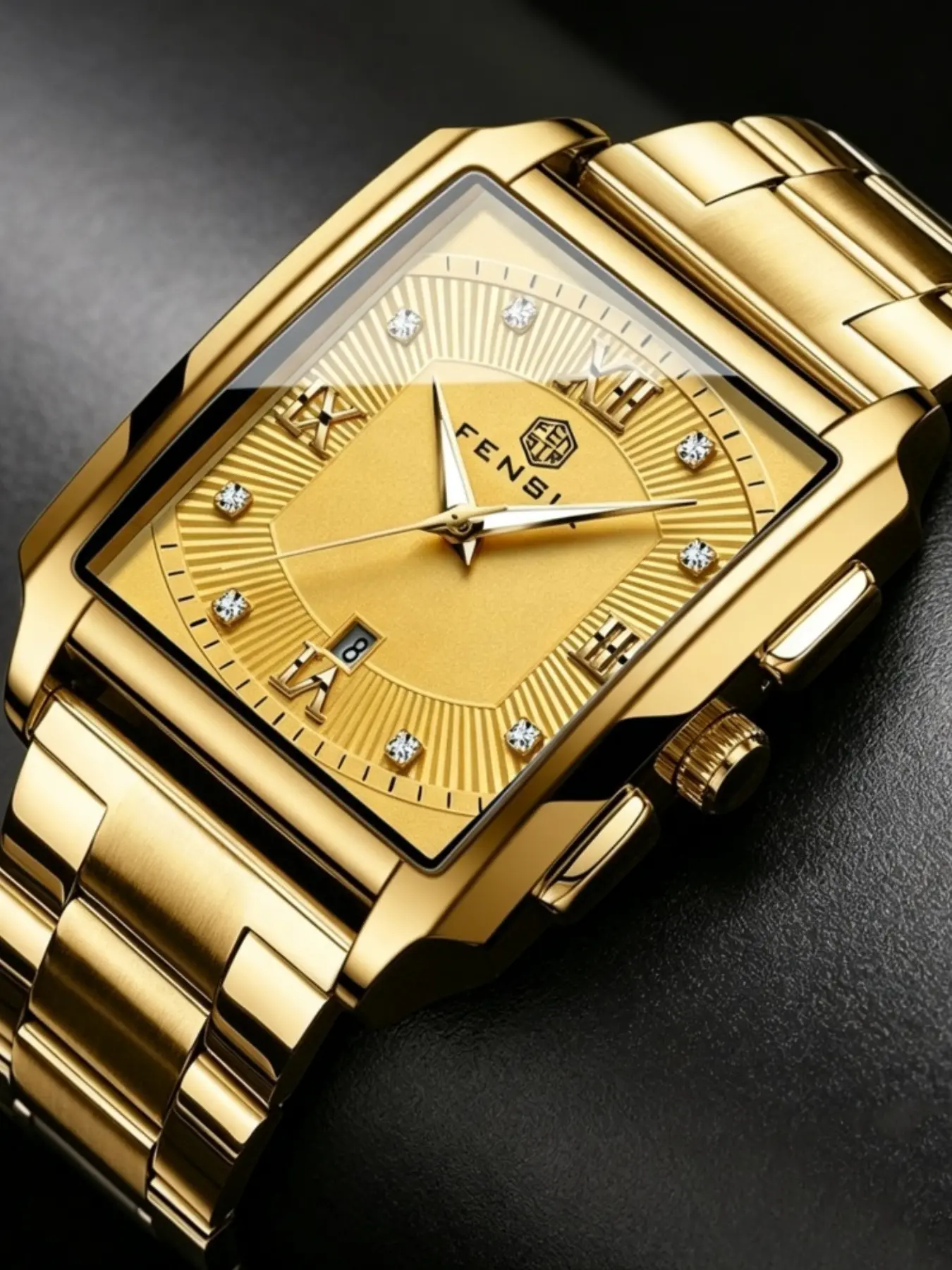 New Luxury Men's Quartz Watch, Square Diamond-Embedded Steel Band, Waterproof, Roman Numerals, Calendar Function, Business Casual, Gift Idea