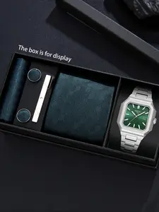 6pcs High-End Watch Gift Box Set, Silver Color Square Case Dial, Dark Texture Embroidered Tie & Cufflinks, Business Style
