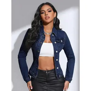 Washed Blue Denim Jacket, Single-Breasted Slim Fit, Flap Pockets, Long Sleeves, Casual Outerwear Top, Comfortable Fabric, Collar, Basic