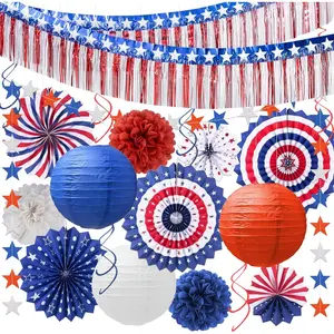 4th of July Decorations, 21-Pcs Red, White and Blue Patriotic Party Supplies, Foil Fringe Streamer, Star Garland, Paper Fans, Lanterns, Pom Poms, Hanging Swirls for Independence Day