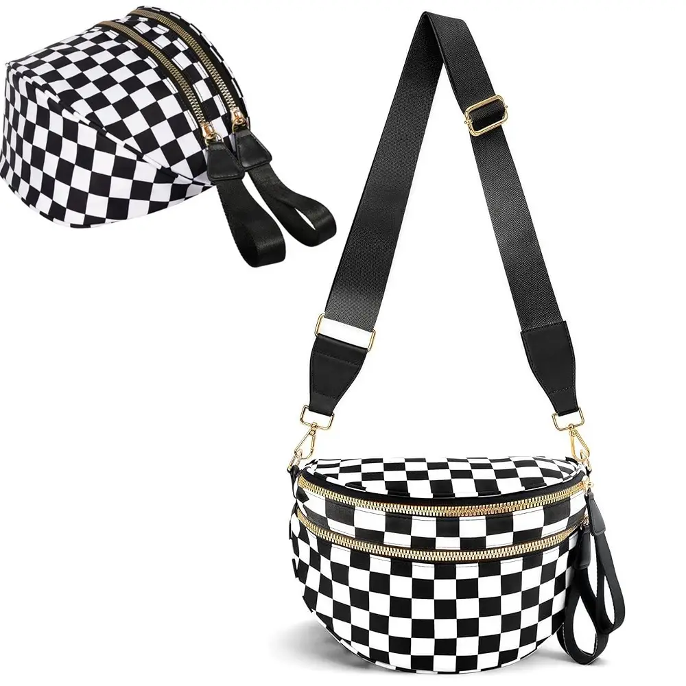 Crossbody Bag for Women,Checkered Bum Bag Checkered Black and White Handbags Wallets Oversized Slouchy Belt Bag