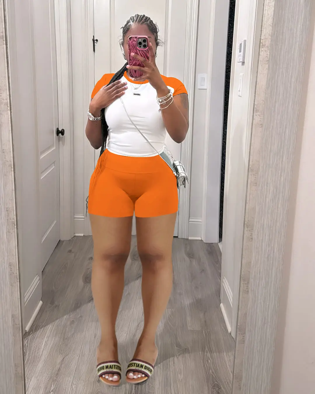USBOUTIQUECHIC Women's Orange Contrast Trim Top & Shorts Set | Milk Silk Brushed Knit, Casual Summer Lounge Wear, Modern Chic Two-Piece Ensemble