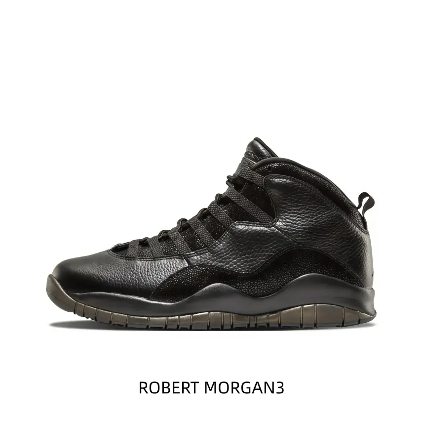All-black Air Jordan 10 with gum outsole, tough dark street vintage sneakers for men.