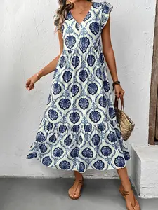 Women's All Over Print V Neck Dress, Boho Sleeveless Dress, Boho Fashion Casual Dress for Daily Holiday Vacation Wear, Ladies Dress for Summer, Womenswear, Bohemian Dress