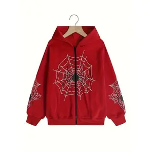 Stylish spider web print hoodies-soft, casual, zip-up, long sleeve sweatshirt for women-comfortable, relaxed fit, versatile clothing for daily wear Fabric Womenswear Animals Knit Polyester Short