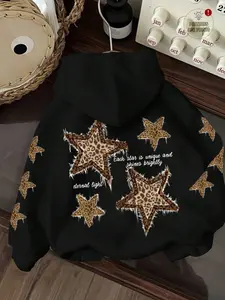 Women's American Street Vintage Fall Winter Leopard Stars Letter Print Hoodie, Fashion Trendy Loose-Fitting Long Sleeve Sweatshirt, Casual Hooded Sweatshirt, Graphic Hoodies