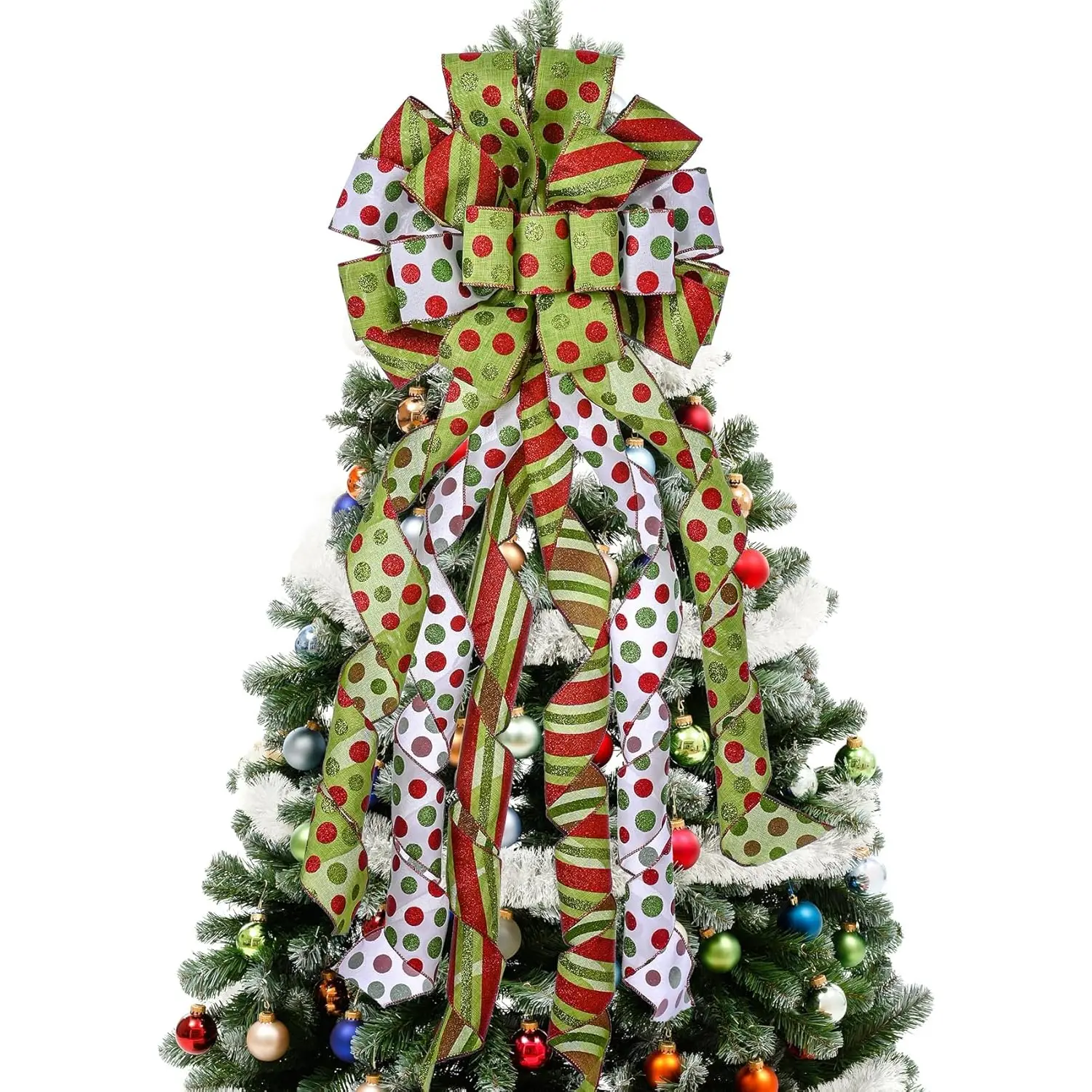 Christmas Tree Topper Wreath Bow Large Green Christmas Bow Tree Topper，Red Green Dot Polyester Gift Bow for Xmas Ornament Holiday Home Wedding Thanksgiving Indoor/Outdoor Decoration 45"X13" No Brand
