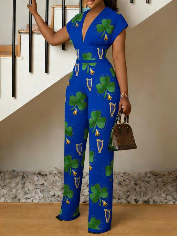 St. Patrick's Day Printed Women's Elegant Jumpsuit, Plant Leaf Pattern V-neck Jumpsuit, Women's Gift, Summer Casual Wear, Fashionable Outdoor S Women's Short Sleeved Jumpsuit, Gradient Slim Fit Jumpsuit, Machine Washable, Sof