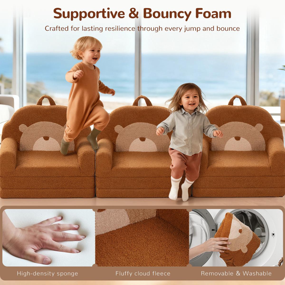 COMOMY Toddler Couch, 2 in 1 Kids Couch, Foldable Baby Soft Couch Chair for Boys and Girls Gift, Convertible Sofa to Lounger- Ideal for Napping, Reading, and Playing, Bear, Brown