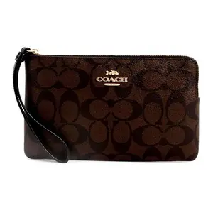 COACH Corner Zip Monogram Canvas and Leather Large Clutch Bag for Women in Black Brown