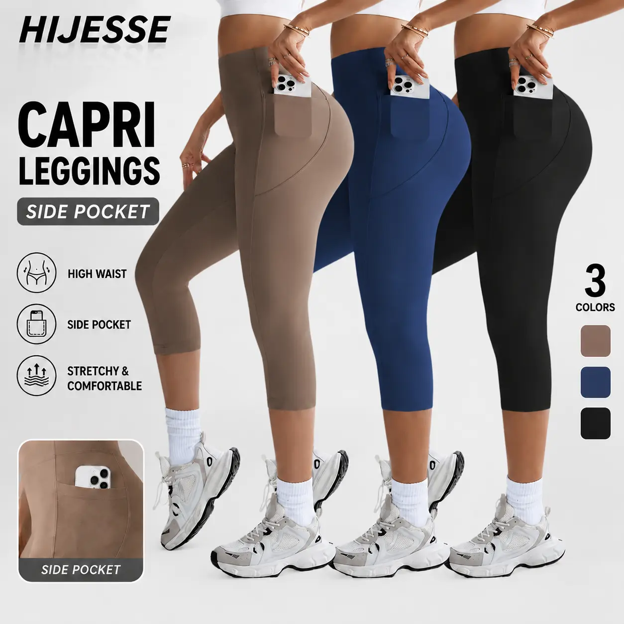 Hijesse Women's Summer 7/8 Leggings High Waist Stretchy Slim Fit Tummy Control with Pockets Casual Work Out Gym Travel Daily Outdoor Wear
