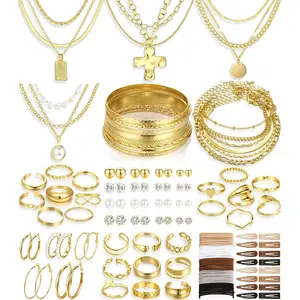 137 Pieces Gold Jewelry Set  Women, 12 Necklace, 14 Bracelet, 21 Earrings, 24 Knuckle Rings, 66 Hair Accessory Gold Plated Jewelry Set  Women Gift