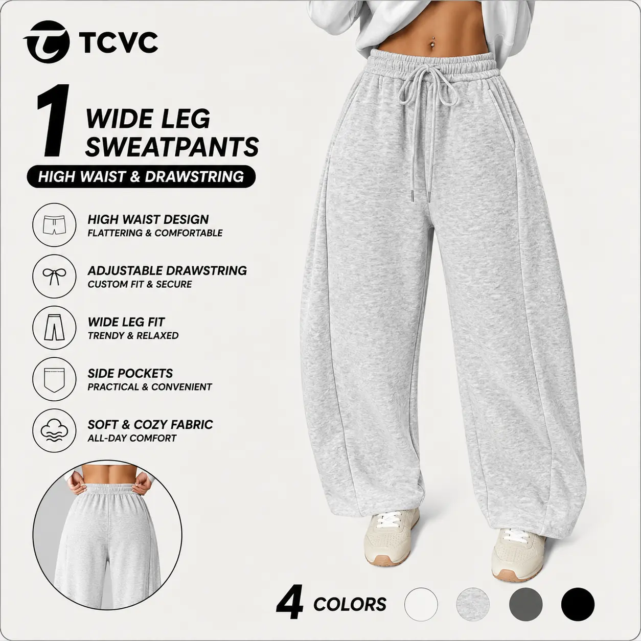 TCVC Women's High Waisted Wide Leg Sweatpants with Drawstring, Loose Fit Baggy Jogger Pants with Pockets, Soft Casual Lounge Pants for Women, Y2K Streetwear, Gym, Travel & Everyday Wear