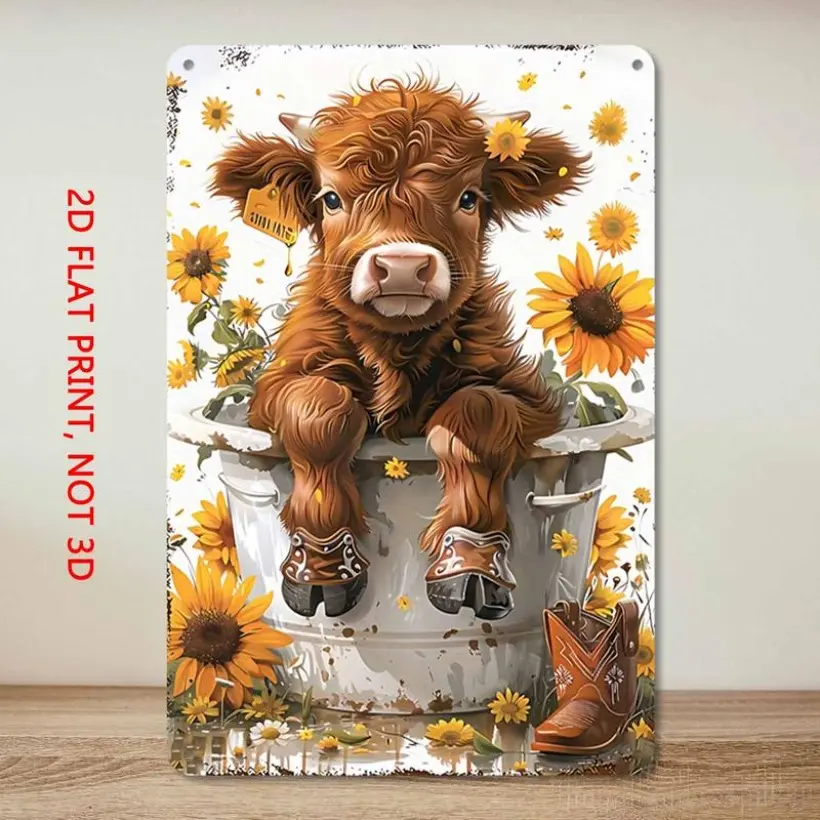 Aluminum Vintage Decorative Wall Plaque Cute Highland Cow Sunflower Rustic Farm Animal Wall Art for Home Bedroom Living Room Office Decor 8 x 12 Inch