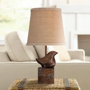 Bird Modern Rustic Farmhouse Accent Table Lamp 15 1/2" High Sculptural Crackle Bronze Brown Natural Burlap Hardback Drum Shade for Cottage Core Bedroom House Bedside Nightstand Home