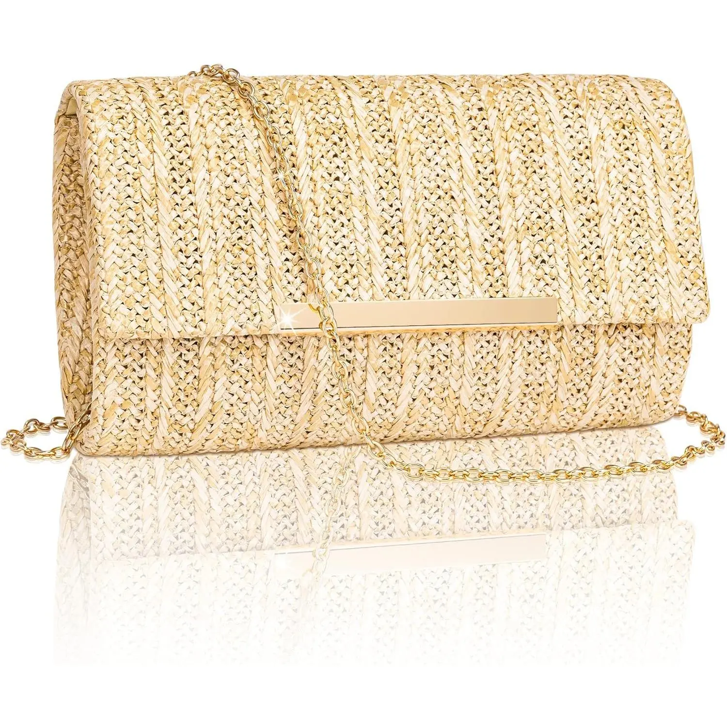 Straw Clutch Purse for Women, Summer Woven Beach Evening Bags w/Chain, Boho Envelope Bags, Fashion Crossbody Shoulder Handbags for Wedding Prom Cocktail Night Vacation,8.7x2.2x5.2inch