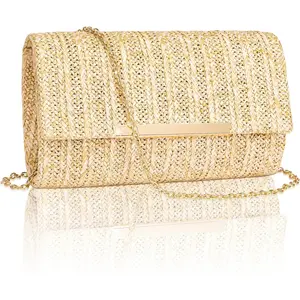 Straw Clutch Purse for Women, Summer Woven Beach Evening Bags w/Chain, Boho Envelope Bags, Fashion Crossbody Shoulder Handbags for Wedding Prom Cocktail Night Vacation,8.7x2.2x5.2inch
