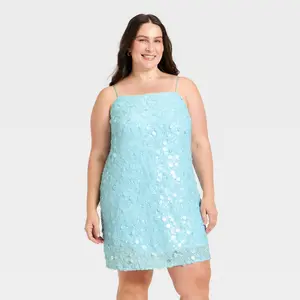 Women's Sequin Mini Shift Dress - A New Day Light Blue 2X