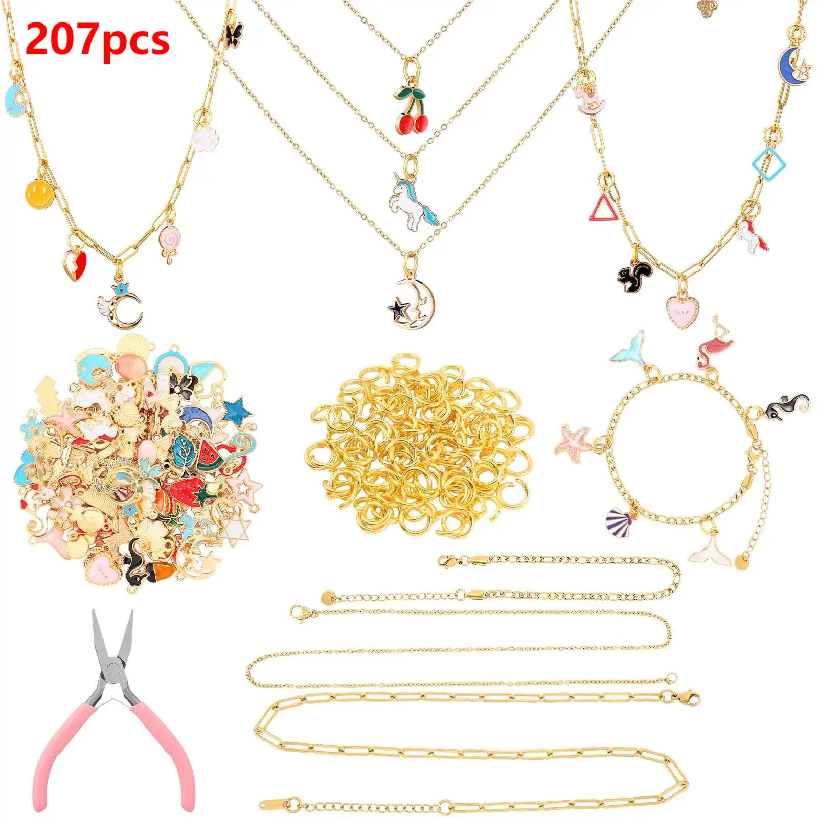 207 Pcs Jewelry Making Kit DIY Necklace, Bracelet, Ring Set Bangle Charm Bracelet Making Kit with 100 Charms, 100 Jump Rings and Tools for Women Beginner Arts and Craft Gift Fun Activity