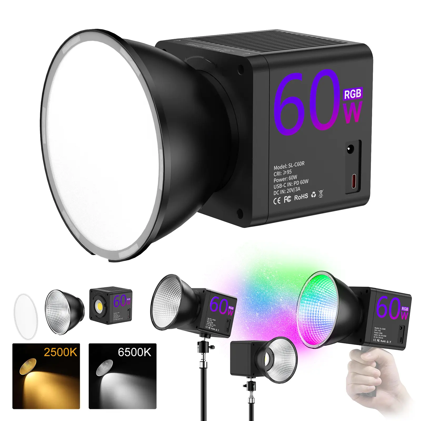 60W RGB COB Video Light, Handheld Camera Fill Tool with 13400mAh Built-in Battery, 24 FX Scene Effects, 2500-6500K CRI 95+, Portable Studio Gear for Outdoor Shooting, TikTok YouTube Vlogging