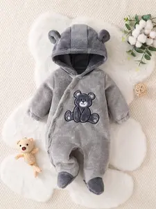 Autumn Winter Baby Bear Hooded Romper, Cute Unisex Infant Jumpsuit, Warm for Boys & Girls, Ideal for Outdoor Play, Baby Boy Clothes