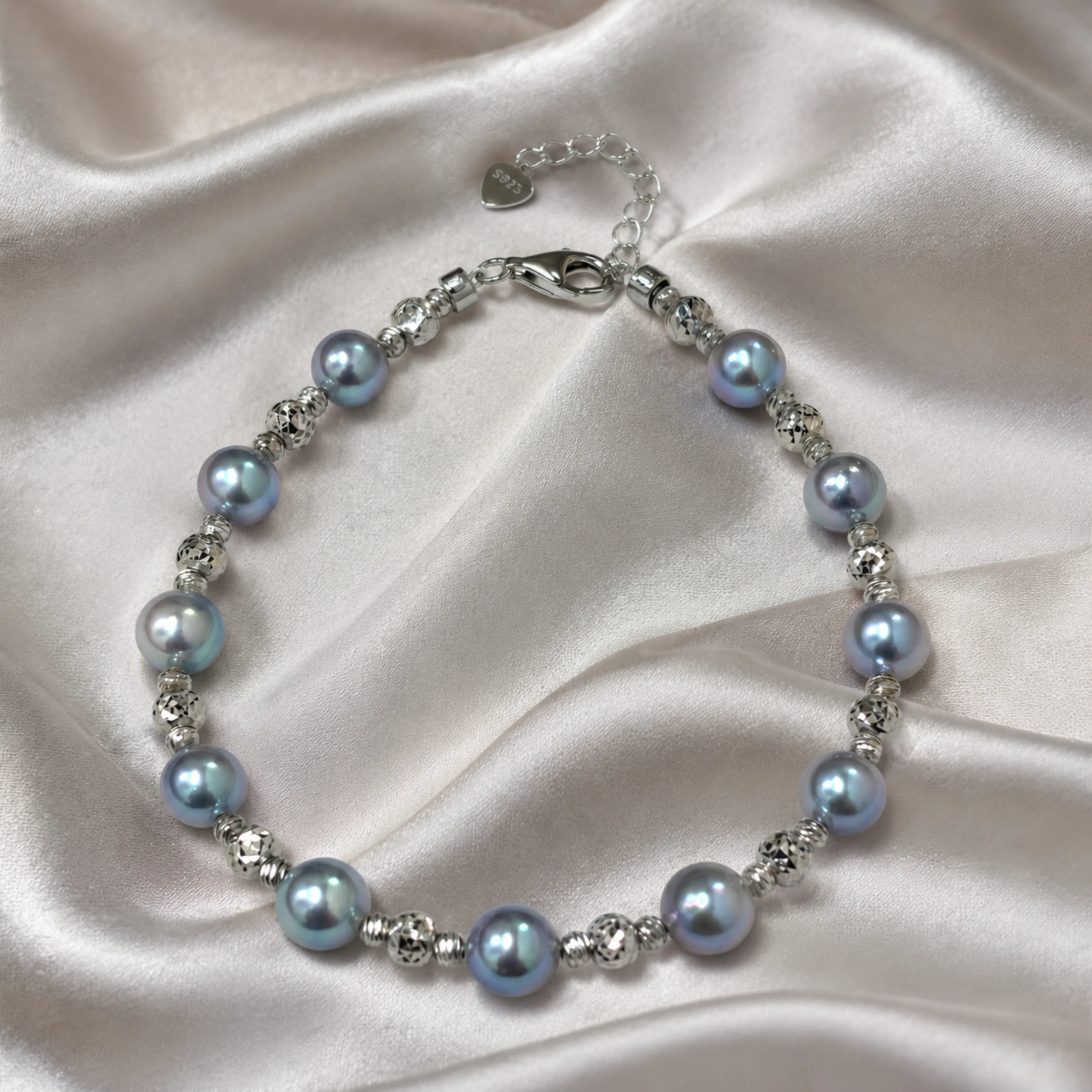 Madama Pearl Bracelet 6-7mm Silver Blue Saltwater Pearls S925 Sterling Silver Faceted Bead Chain Adjustable Full Strand Luxury Fine Jewelry For Women