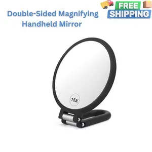 Double-Sided Magnifying Handheld Mirror – 1X/15X Travel Folding Makeup Mirror with Adjustable Stand, Portable Vanity Desk Mirror for Close-Up Beauty & Grooming
