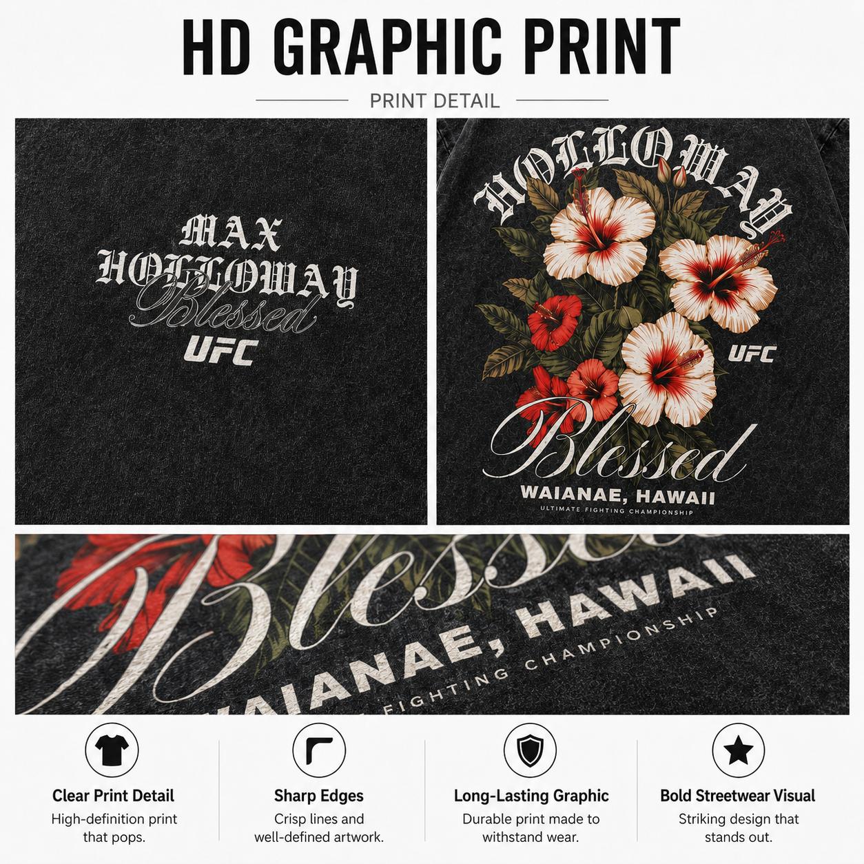 Men's Max Holloway Blessed Double-Sided Graphic Casual Short-Sleeve T-Shirt, UFC Hawaiian Floral MMA Fan Vintage Washed Menswear Top