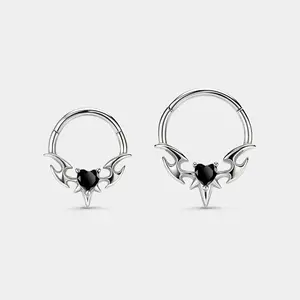 OUFER 16G Stainless Steel Unisex Clicker Septum Ring - Irregular Black Heart Motif, Non-Tarnish Piercing Accessory for Daith, Nose