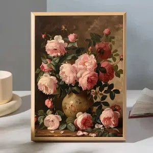 Vintage Floral Canvas Wall Art Poster – Pink Roses & Peonies Bouquet in Vase, Elegant Print for Bedroom, Living Room, Kitchen, Office, Hotel & Cafe