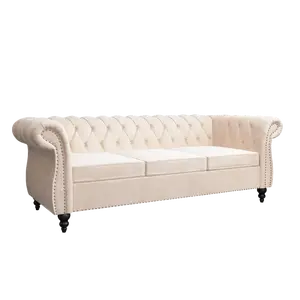 Giratree Furniture 64" Beige Velvet Loveseat | Soft Upholstery + Tufted Back + Rolled Arms | Vintage Chesterfield Sofa for Living Room, Bedroom & Entryway