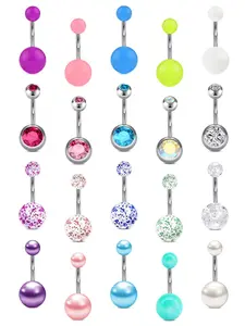 Mixed Style Belly Button Rings, 20pcs Faux Pearls & Artificial Zircon Decor Belly Piercing Jewelry Navel Piercing Jewelry for Women & Girls, Stainless Steel Body Jewelry for Party, Daily Decor
