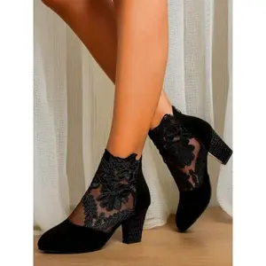 Women's Thick Sole Lace Boots, Comfortable High Heels, Thick Heeled Boots, Back Zip Closure, Breathable Mesh Upper, Rubber Outsole, Dance Shoes(Sheets)