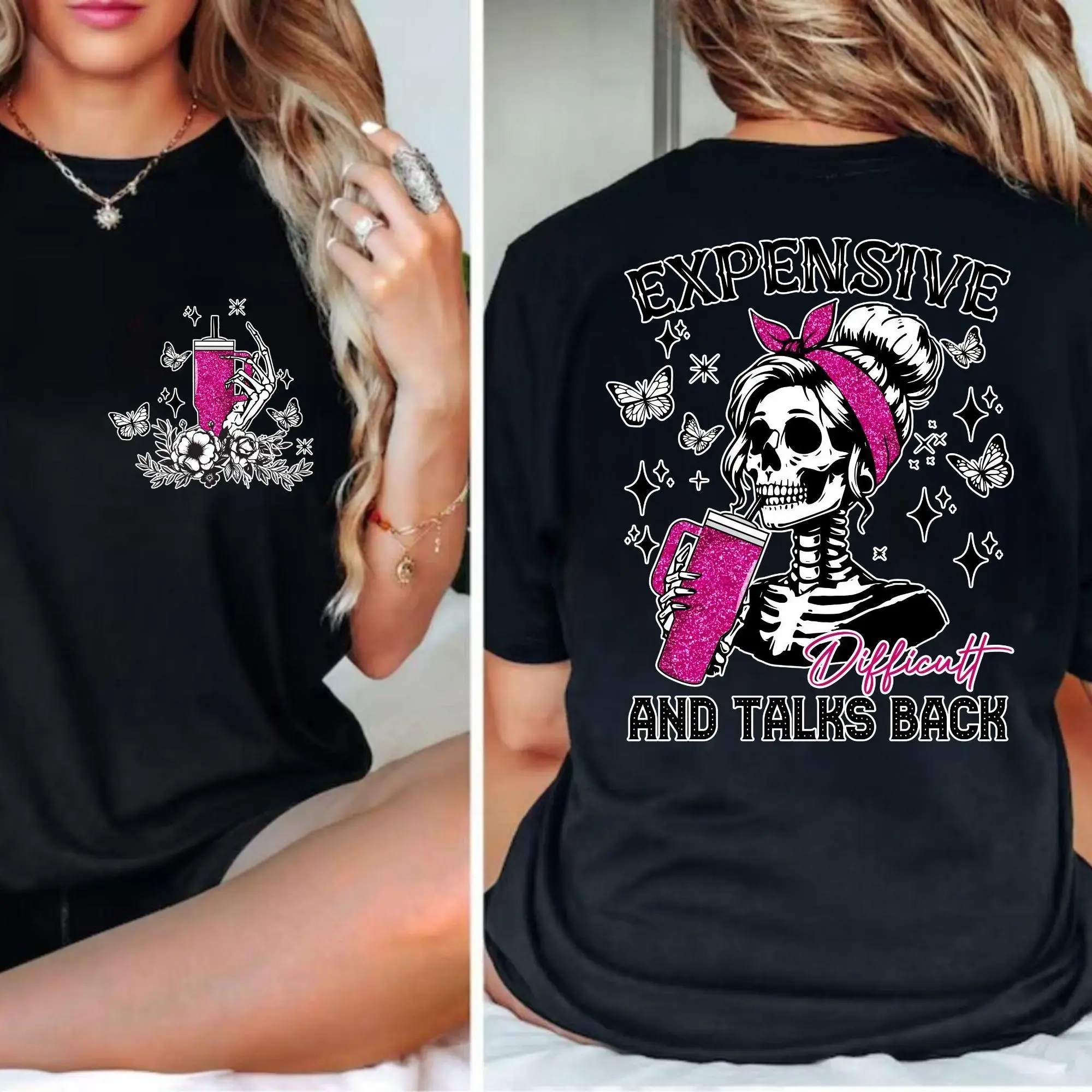 Women's Sporty Chic Skeleton Graphic Tee - Double-Sided, Talks Back, Sassy Funny Casual Streetwear Top; Pink Glitter Tumbler (Sports & Outdoor Clothing)