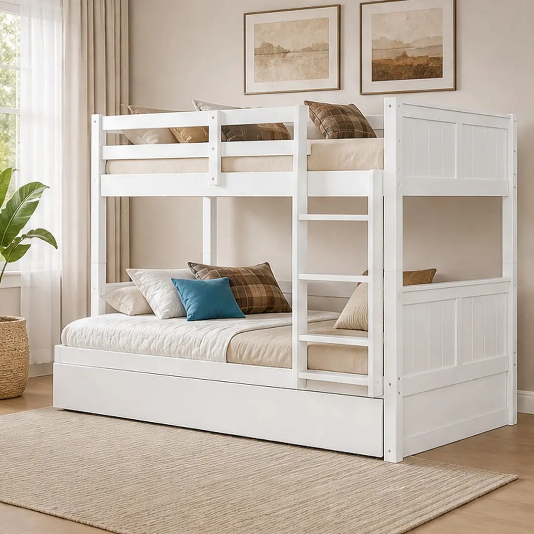 ARCH Full Over Full Bunk Bed with Twin Trundle, Solid Wood, White, Space-Saving Design for Kids Bedroom, Guest Room, Convertible into Two Separate Beds, Multiple Color Options Available, Full Size Options, Espresso/Full/Gray/Solid Wood Color Options