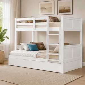 ARCH Full Over Full Bunk Bed with Twin Trundle, Solid Wood, White, Space-Saving Design for Kids Bedroom, Guest Room, Convertible into Two Separate Beds, Multiple Color Options Available, Full Size Options, Espresso/Full/Gray/Solid Wood Color Options