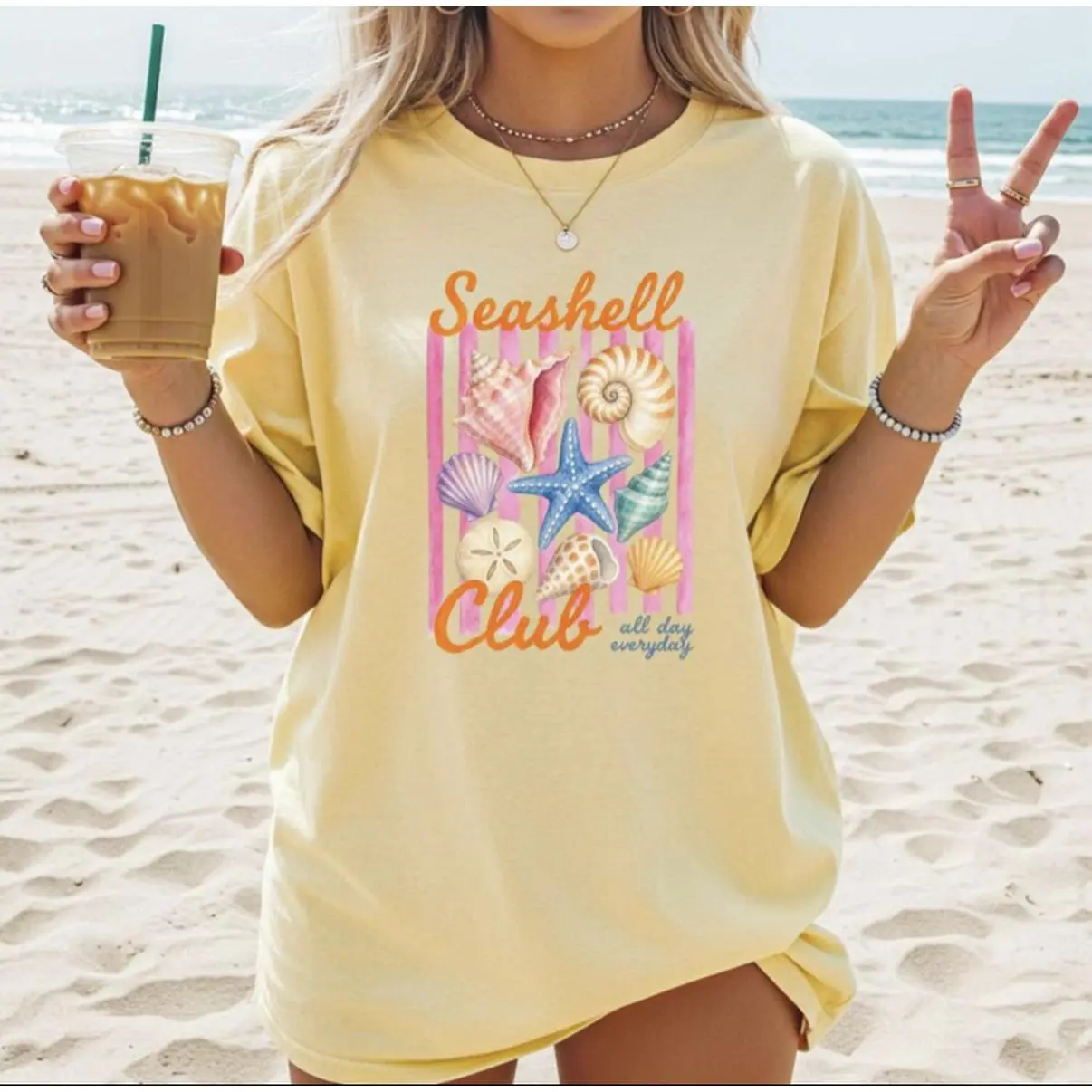 Seashell Club Butter Colored Comfort Colors Tee with Starfish and Shell Design