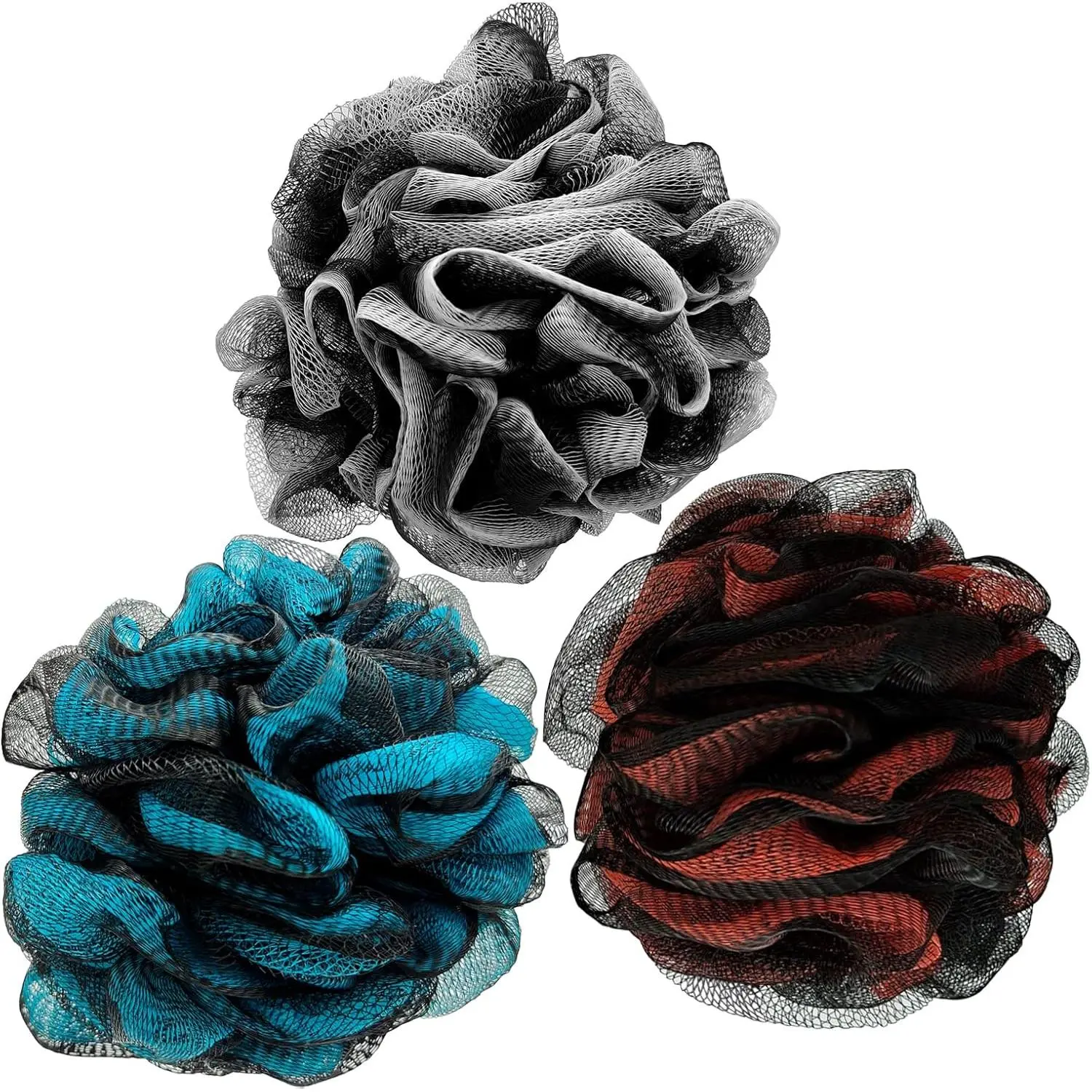 Bamboo Charcoal Exfoliating Mesh Poufs, 3-Pack Extra Large 75g Double-Sided Mesh Body Scrubbers with Wall Hanging Loop, Skin Smoothing Bath Accessories for Men and Women, Shower, Personal, Hangable, Soft And Plump, Softening, Set, Sponge, Body Scrubbing,,