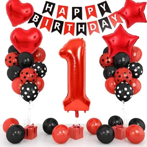 Magical Black Red 1st Birthday Balloon Set with Pump, 40in Red Foil Number 1, Heart & Star Accents, Happy Birthday Banner, Decorative Letter Balloons for Cartoon Theme 1-Year-Old Party Supplies, Balloon Pump Balloons