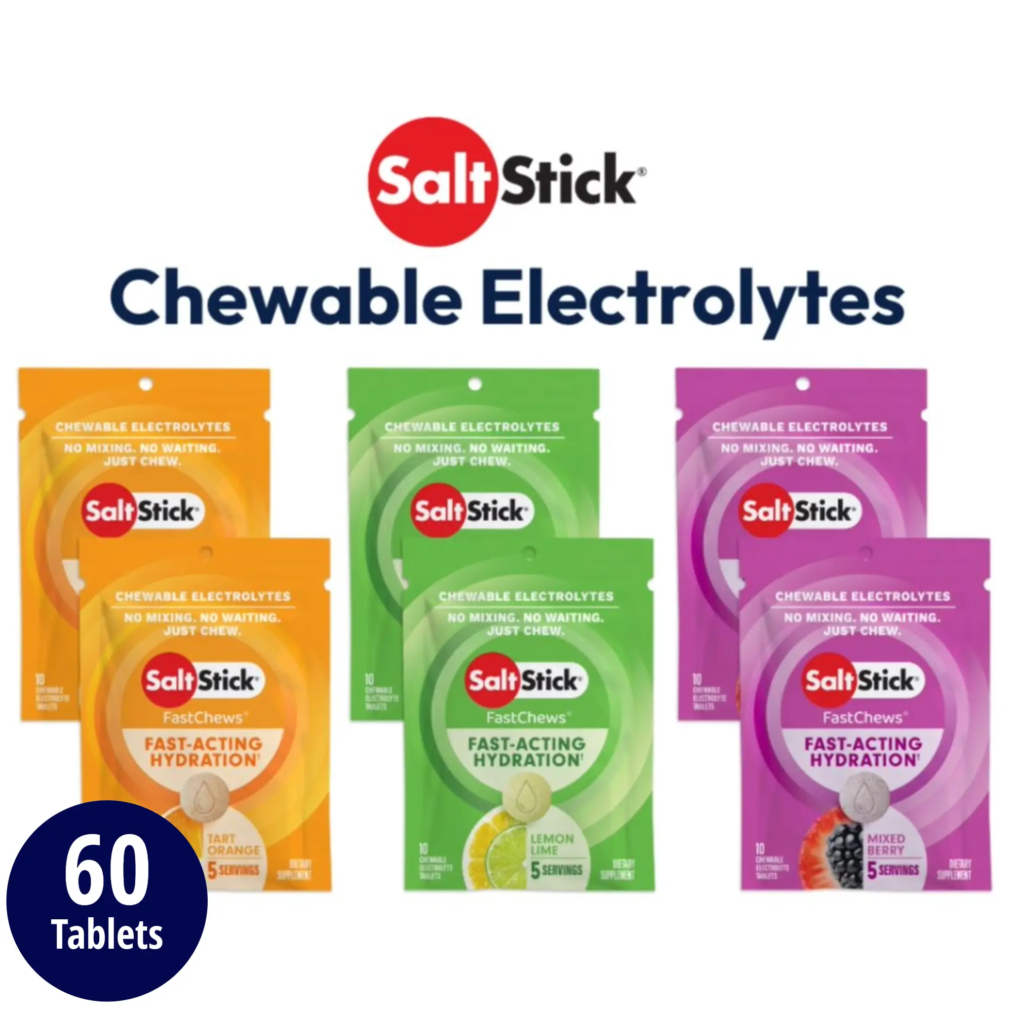 SaltStick Chewable Electrolyte Tablets - Fast Acting Hydration Variety Pack - Vegan Non-GMO - Tart Orange Lemon Lime & Mixed Berry - Sugar-Free - Pre-