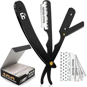 Professional Straight Razor for Men, Barber Straight Edge Razor Safety with 100 Pack Blades, Black