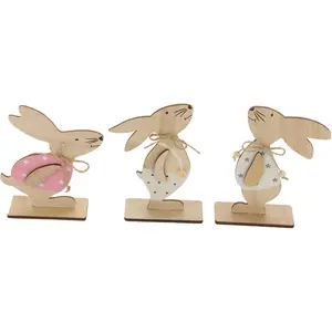 Easter Wooden Rabbit Decor Adornment Set of 3 Charming Bunny Ornaments for Home Office Classroom Party Tabletop Decorations