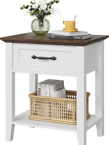 Nightstand with Wood Bedside Table 1 Drawer, Open Storage Shelf, Industrial Side Table, Narrow White Nightstand, Versatile for Bedroom Office Sofa Couch Small Spaces