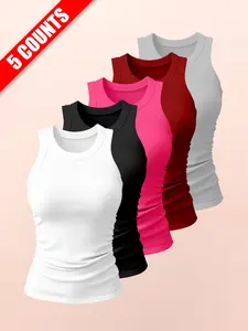 Women's Sporty Tank Top, Ribbed Round Neck Sleeveless Shirt, Side Elastic Straps Design, Comfortable Fashion Yoga Wear, Casual Daily Use