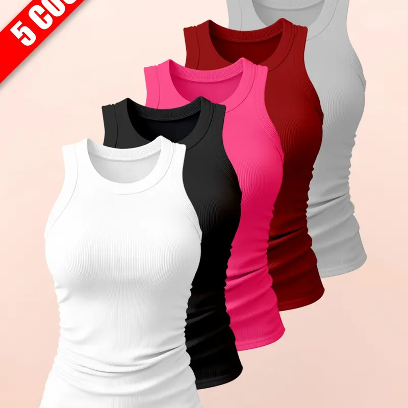 Women's Sporty Tank Top, Ribbed Round Neck Sleeveless Shirt, Side Elastic Straps Design, Comfortable Fashion Yoga Wear, Casual Daily Use, Activewear Clothes, Workout Tank