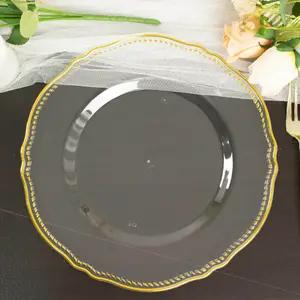 10-Pack Plastic Dinner Plates 10" Clear with Gold Scalloped Rim - Large Disposable Party Plates