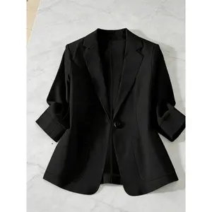 A women's plain lapel single-breasted one-button mid-sleeve double-pocket suit jacket, Business Attire Clothes, suitable for spring and autumn seasons suitable for office and daily wear.