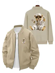 Trendy Street Style Men's Cartoon Bear Printed Bomber Jacket for Daily Casual Fashion and Daily Outfits