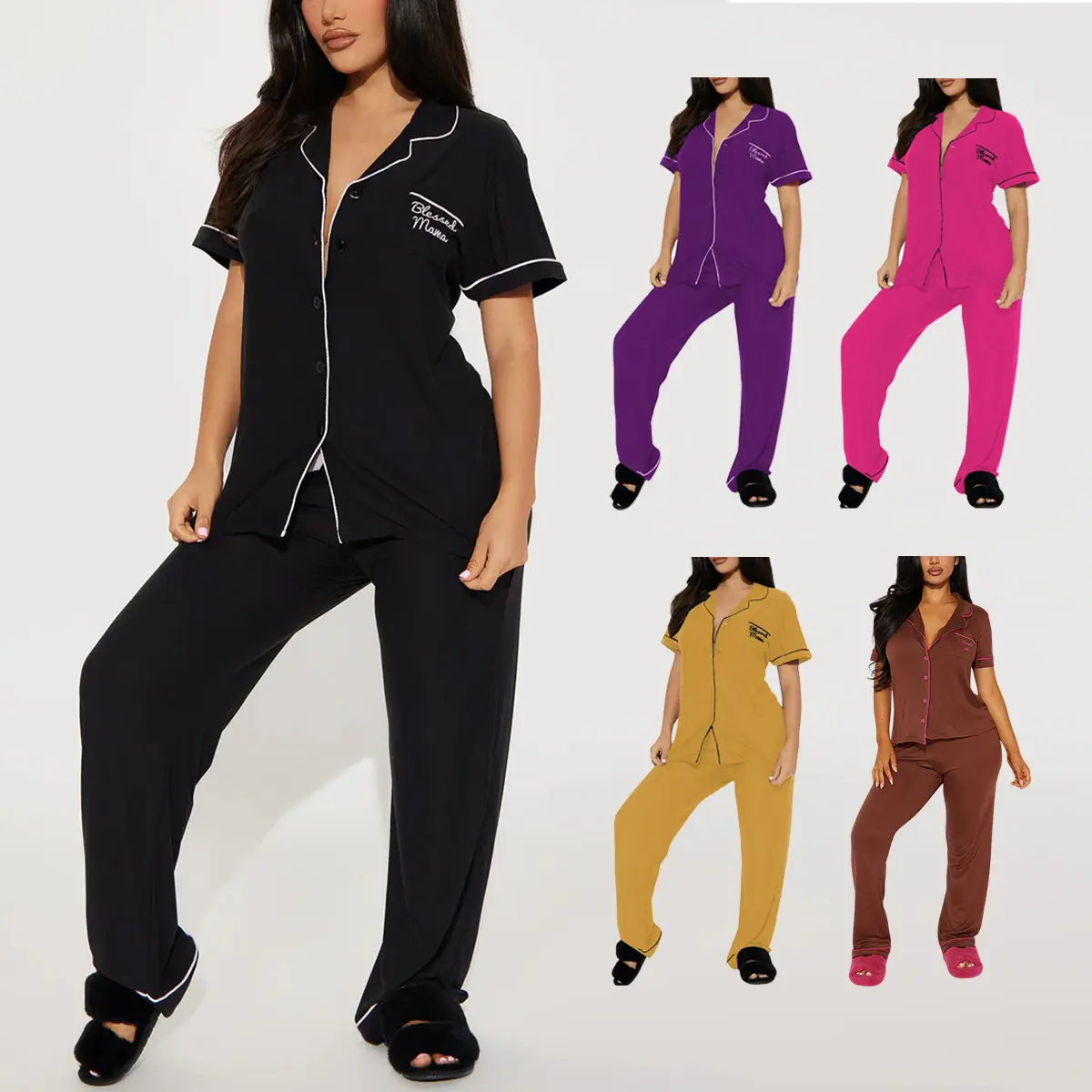 Women’s Pajama Set – Short Sleeve Top & Long Pants, Soft Spring Summer 2-Piece Sleepwear